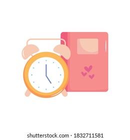 school notebook and alarm clock icon over white background, flat style, vector illustration