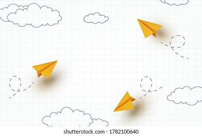 School Notebook Background. 3d Flying Yellow Paper Airplanes. Vector Cartoon Children Planes In Air