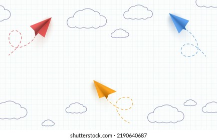 School notebook background  3d flying yellow  red   blue paper airplanes in the sky and hand drawn clouds  Vector cartoon children planes in air 