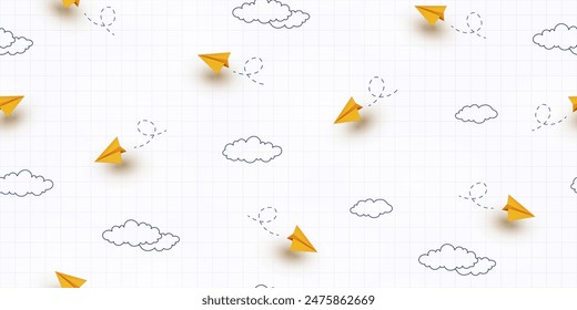 School notebook background. 3d flying yellow paper airplanes, children origami toys seamless pattern. Vector cartoon kids planes in air and drawing clouds
