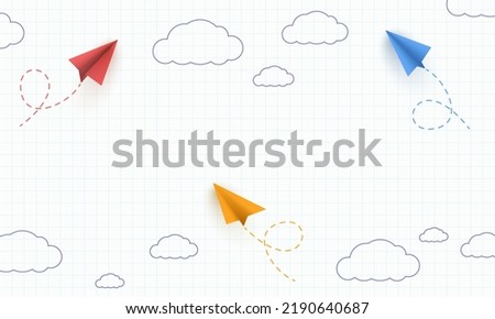School notebook background. 3d flying yellow, red and blue paper airplanes in the sky with hand drawn clouds. Vector cartoon children planes in air 