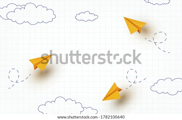 School notebook\
background. 3d flying yellow paper airplanes. Vector cartoon\
children planes in air