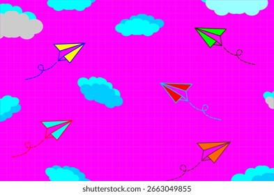 Un patrón divertido y vibrante sin fisuras con coloridas cometas de papel volando a través de un cielo lleno de nubes azules y grises. Ideal para diseños infantiles, estampados de tela, Fondos de pantalla y papel de regalo.