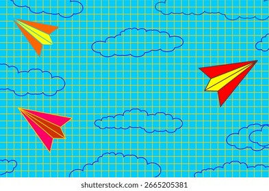 School notebook background. Colorful flying paper airplanes background. Vector cartoon children planes in the air. Back to school notebook background. Paper airplanes in the sky with clouds design.