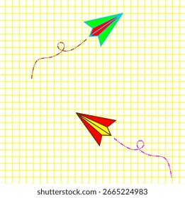 Histórico escolar do notebook. Aviões de papel voando com linha pontilhada. Ilustração vetorial. Sinta-se à vontade para editar.