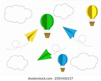 School notebook background. Colorful paper air balloons and planes banner. Vector illustration