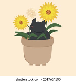 School notebook background drawing cute cat sitting in the plant pot with leaves and flowers. Flat vector illustration.