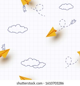 School notebook background. Drawing little men flying on yellow paper airplanes. Vector cartoon school children and planes seamless pattern.
