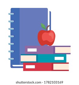 Libros de cuadernos escolares y diseño de manzanas, conocimientos de clase educativa, enseñanza preescolar, aprendizaje en aula y tema primario Ilustración vectorial