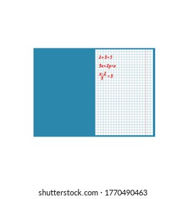 School notebook in a notebook cage with homework in mathematics. Flat vector illustration on white background.