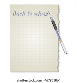 School notebook in a cage with place for your text. Blue pen hand written text. Back to school. Vector illustration.