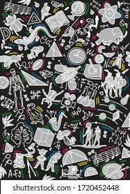 School notebook cover. Background with hand drawn ink school drawings. Vector illustrations for typography of banners, posters, leaflets, cards, covers, brochures, etc. Doodle style. Black background