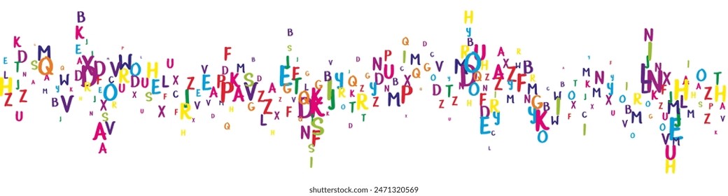 School notebook cover. Colorful childish floating letters of Latin alphabet. Foreign languages study concept. Back to school banner on white background.