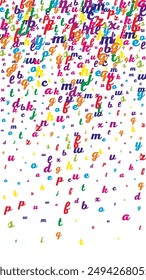 School notebook cover. Colorful childish floating letters of Latin alphabet. Foreign languages study concept. Back to school banner on white background.