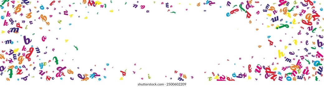 School notebook cover. Colorful childish floating letters of Latin alphabet. Foreign languages study concept. Back to school banner on white background.