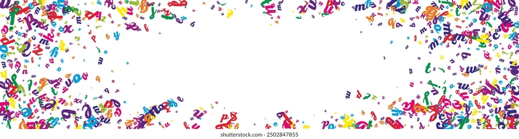 School notebook cover. Colorful childish floating letters of Latin alphabet. Foreign languages study concept. Back to school banner on white background.