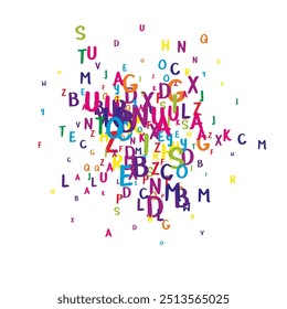 Capa de caderno escolar. Letras flutuantes infantis coloridas do alfabeto latino. Conceito de estudo de línguas estrangeiras. De volta ao banner da escola sobre fundo branco.