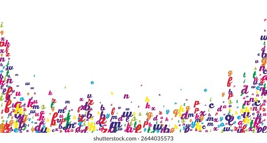 School notebook cover. Colorful childish floating letters of Latin alphabet. Foreign languages study concept. Back to school banner on white background.