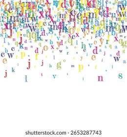 Capa de caderno escolar. Letras flutuantes infantis coloridas do alfabeto latino. Conceito de estudo de línguas estrangeiras. De volta ao banner da escola sobre fundo branco.