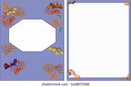 School notebook cover decorated with leaves of mountain ash, ash and birds