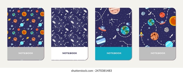 School notebook cover design with cartoon galaxy.  Cute design for kids school notebooks and diaries. School notebook with hand drawn galaxy.