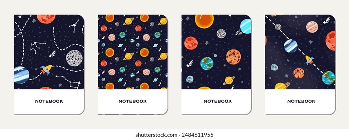 School notebook cover design with cartoon galaxy.  Cute design for kids school notebooks and diaries. School notebook with hand drawn galaxy.