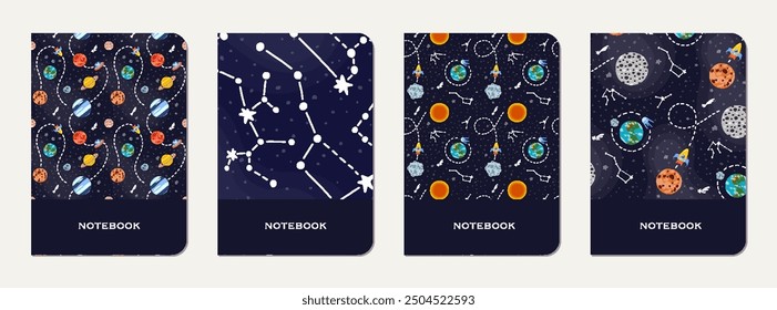 Diseño de la cubierta del cuaderno de la escuela con la galaxia de la historieta.  Diseño lindo para cuadernos y diarios escolares para niños. Cuaderno escolar con galaxia dibujada a mano.