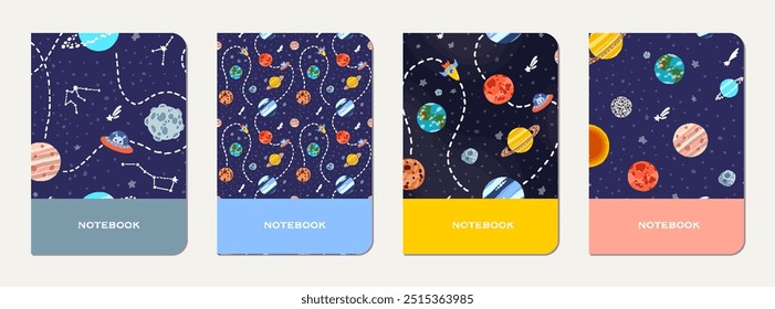 School notebook cover design with cartoon galaxy.  Cute design for kids school notebooks and diaries. School notebook with hand drawn galaxy.