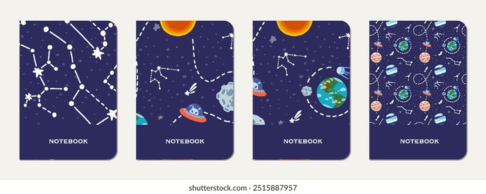 Diseño de la cubierta del cuaderno de la escuela con la galaxia de la historieta.  Diseño lindo para cuadernos y diarios escolares para niños. Cuaderno escolar con galaxia dibujada a mano.