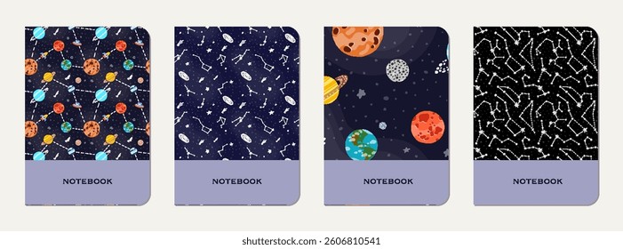 School notebook cover design with cartoon galaxy.  Cute design for kids school notebooks and diaries. School notebook with hand drawn galaxy.