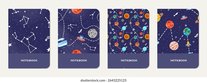 School notebook cover design with cartoon galaxy.  Cute design for kids school notebooks and diaries. School notebook with hand drawn galaxy.