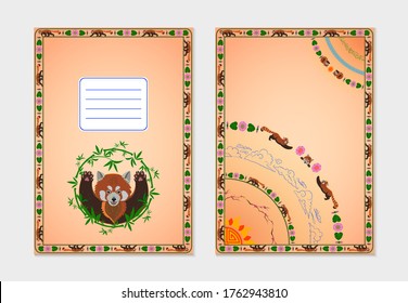 School notebook. Cover design with red panda and chinese ornament. Student template for covers of books, notebooks, magazines, posters, banners, flyers.