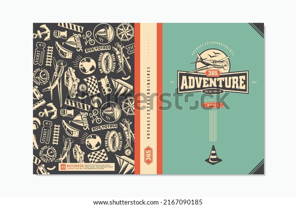 School notebook\
cover design template with various transportation vehicles.\
Adventure theme covers layout for brochure, copybook or card.\
Vector background\
illustration.