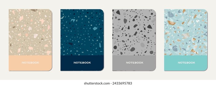 School notebook cover design. Terrazzo abstract background made of natural stones, granite, quartz and marble. Venetian terrazzo texture school notebook template.