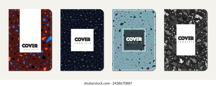School notebook cover design. Terrazzo abstract background made of natural stones, granite, quartz and marble. Venetian terrazzo texture school notebook template.