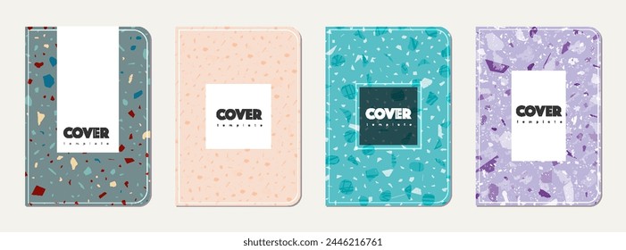 School notebook cover design. Terrazzo abstract background made of natural stones, granite, quartz and marble. Venetian terrazzo texture school notebook template.