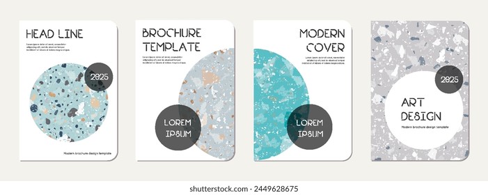 School notebook cover design. Terrazzo abstract background made of natural stones, granite, quartz and marble. Venetian terrazzo texture school notebook template.