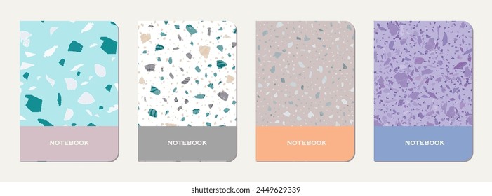 School notebook cover design. Terrazzo abstract background made of natural stones, granite, quartz and marble. Venetian terrazzo texture school notebook template.