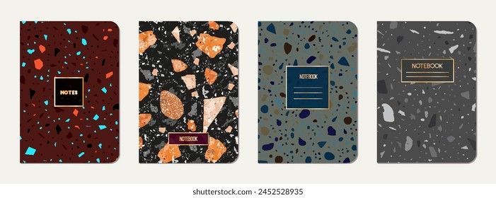 School notebook cover design. Terrazzo abstract background made of natural stones, granite, quartz and marble. Venetian terrazzo texture school notebook template.