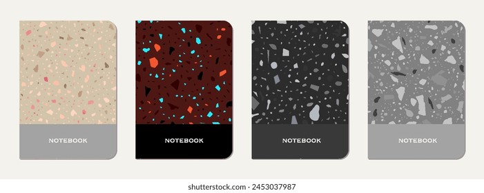 School notebook cover design. Terrazzo abstract background made of natural stones, granite, quartz and marble. Venetian terrazzo texture school notebook template.