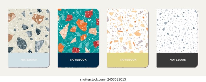 School notebook cover design. Terrazzo abstract background made of natural stones, granite, quartz and marble. Venetian terrazzo texture school notebook template.