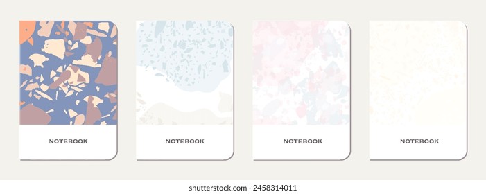 School notebook cover design. Terrazzo abstract background made of natural stones, granite, quartz and marble. Venetian terrazzo texture school notebook template.