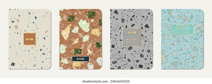 School notebook cover design. Terrazzo abstract background made of natural stones, granite, quartz and marble. Venetian terrazzo texture school notebook template.