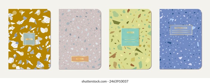 School notebook cover design. Terrazzo abstract background made of natural stones, granite, quartz and marble. Venetian terrazzo texture school notebook template.