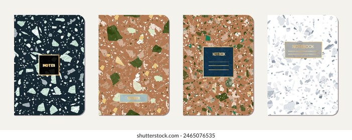 Diseño de portada de cuaderno escolar. Fondo abstracto de terrazo hecho de piedras naturales, granito, cuarzo y mármol. Plantilla de cuaderno de escuela de textura terrazo veneciano.
