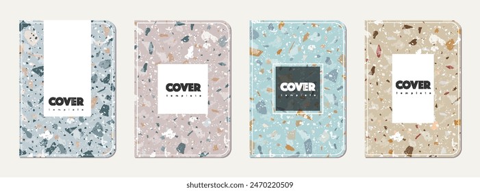 School notebook cover design. Terrazzo abstract background made of natural stones, granite, quartz and marble. Venetian terrazzo texture school notebook template.