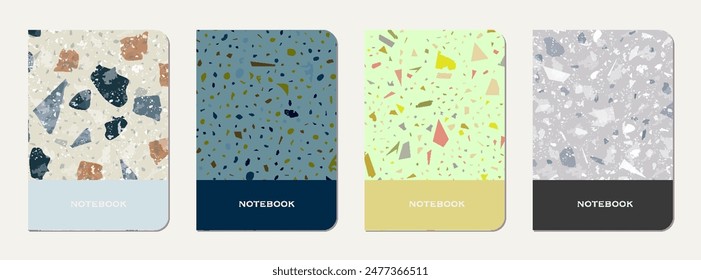 School notebook cover design. Terrazzo abstract background made of natural stones, granite, quartz and marble. Venetian terrazzo texture school notebook template.