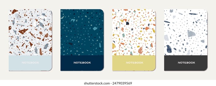 School notebook cover design. Terrazzo abstract background made of natural stones, granite, quartz and marble. Venetian terrazzo texture school notebook template.