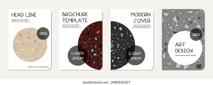 School notebook cover design. Terrazzo abstract background made of natural stones, granite, quartz and marble. Venetian terrazzo texture school notebook template.