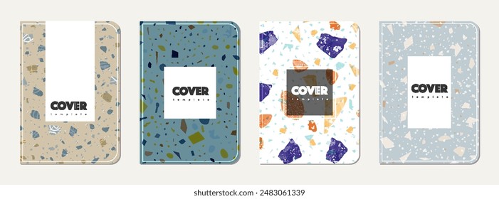 School notebook cover design. Terrazzo abstract background made of natural stones, granite, quartz and marble. Venetian terrazzo texture school notebook template.